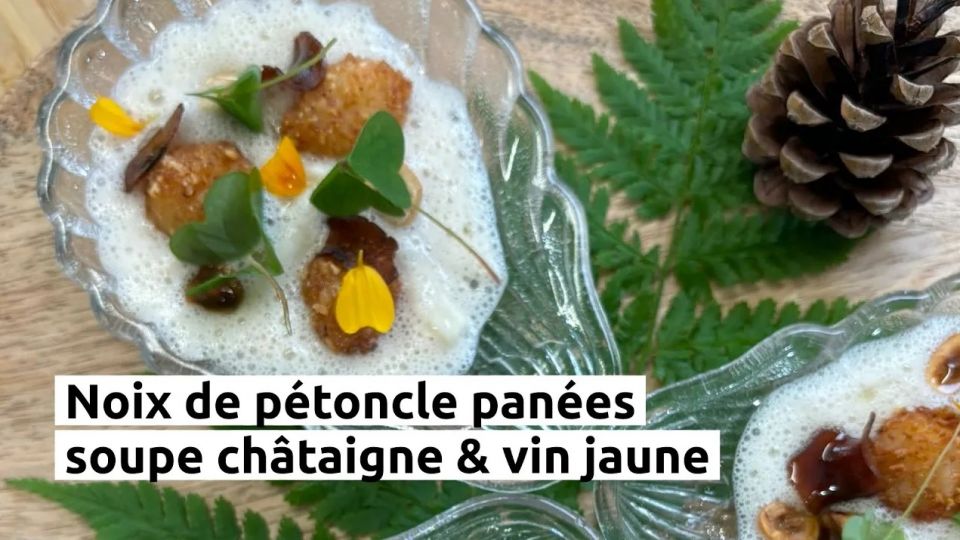 A feu doux : Maison Grandclaude #02 Noix de pétoncle panées, soupe châtaigne & vin jaune
