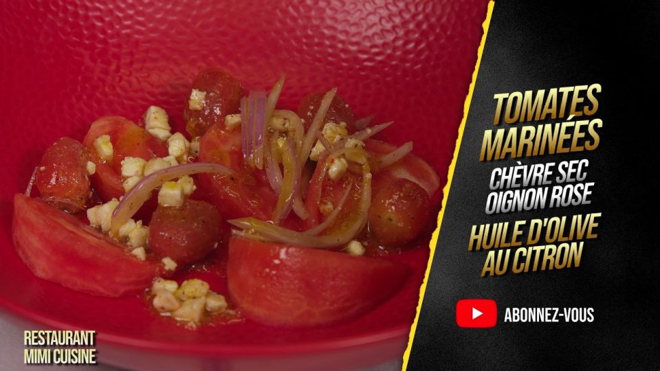 A feu doux : Mimi Cuisine #01 Tomates au chèvre sec, oignon rose et huile d'olive au citron